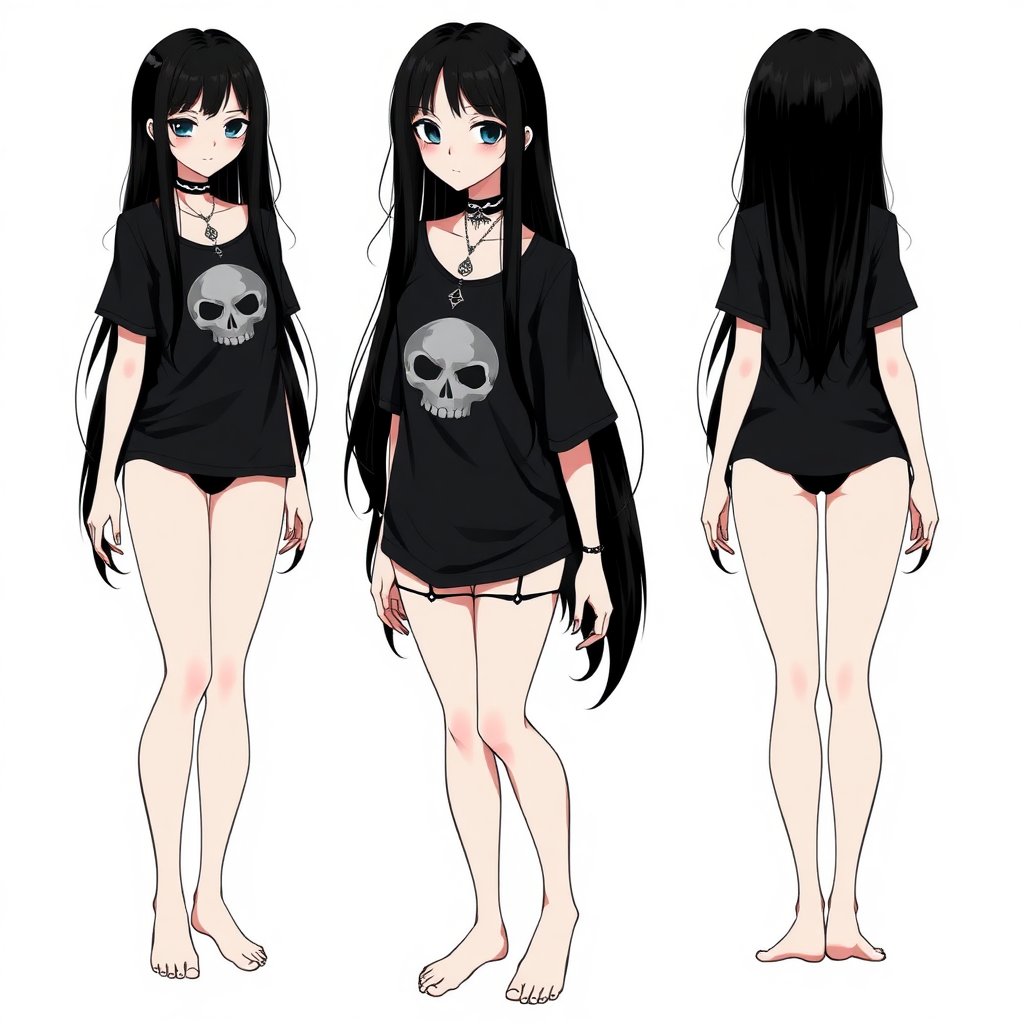 A full-body character sheet of a Gothic-style young adult woman with long black hair. She is wearing a black t-shirt with a skull logo, a choker around her neck, and small black lingerie underwear. She is barefoot. The background is white.