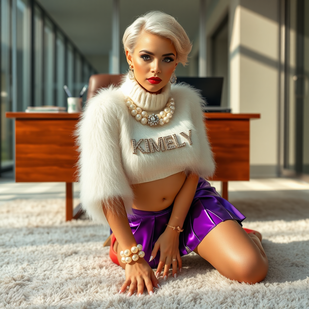 Sunny spring morning, modern glass-steel-concrete office, kneeling on fluffy carpet in front of CEO’s desk: Kimberly, 19 years old very convincing femboy “trophy-bimbo”, tamed servile docile, very beautiful feminine flawless face, rather short, by hormones very curvaceous womanly figured, platinum blond short tight curls, bold red lips, long white French nails, heavily made-up face, wearing Supertanya-style fluffy very fuzzy bright white angora turtleneck-poncho cropped ending under bust decorated with pearls and glass stones, purple vinyl pleated mini-skirt, bright red pumps with golden very high heels, white pearl belly piercing, large pearl earrings, striking diamond “KIMBERLY” letter brooch on left chest, thick heavy pearl wristlets, pearl anklets, pout frustrated, leaning forward hands on carpet presenting her assets, looking at camera. Focus on face and turtleneck-poncho.