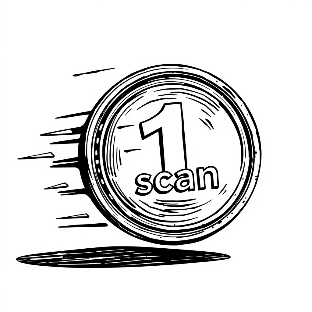 A token moving fast to the right with the engraving "1 scan"  
In the style of a comic icon in black ink only