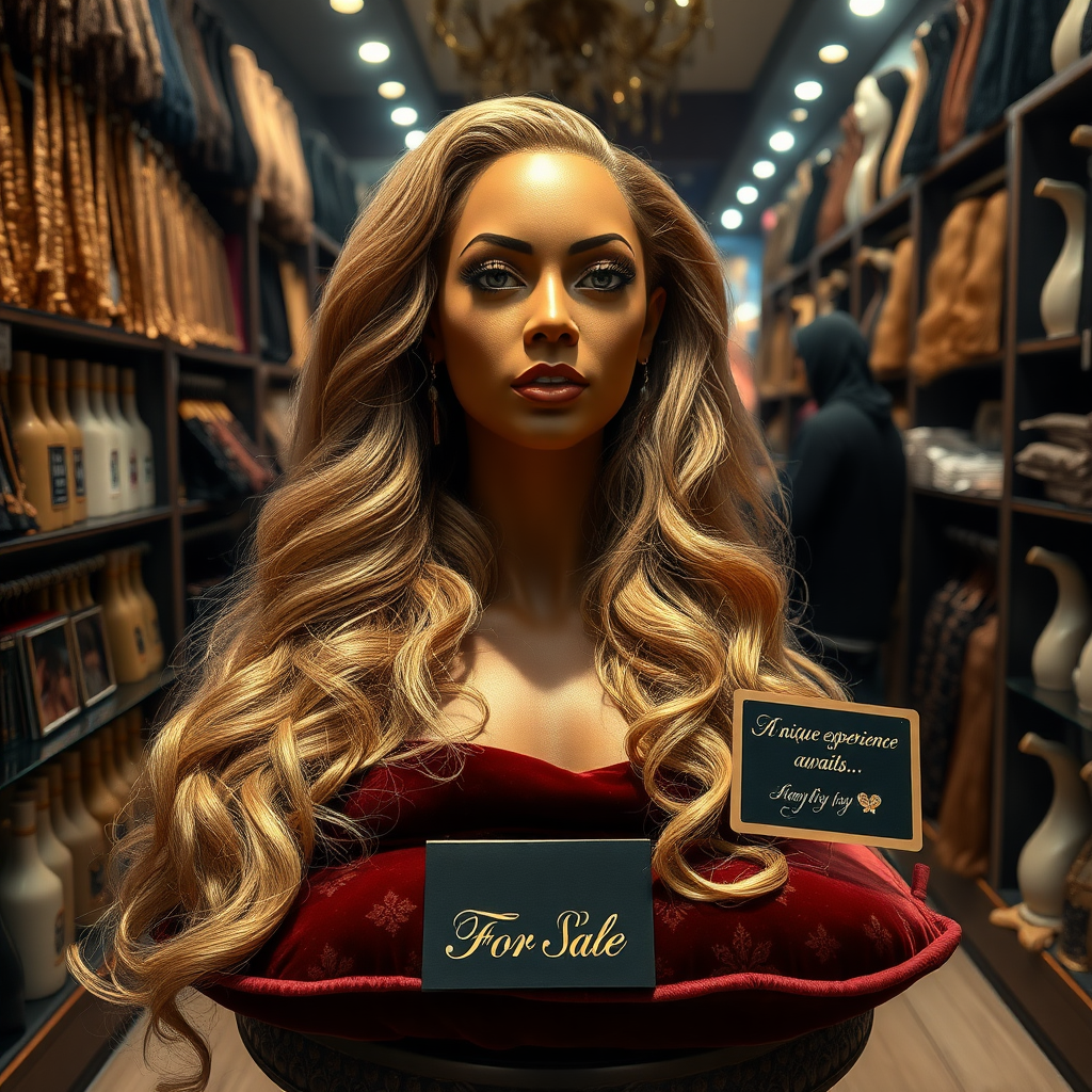 In a peculiar and well lit long hair fetish store, an arresting sight catches the eye: a real, live flesh and blood, disembodied head of Beyoncé, renowned for her mesmerizing voice and radiant presence, delicately placed on an ornate velvet cushion. Her luxurious, cascading very long hair, glistening like spun gold, flows gracefully past her non-existent shoulders, each strand perfectly styled and exuding a faint floral fragrance reminiscent of jasmine and vanilla.

The atmosphere in the store is tinged with an intriguing blend of curiosity and excitement, where the gentle hum of whispered conversations intertwines with the soft strains of sultry music, creating an intimate ambiance. Shelves lined with various hair extensions, wigs, and other hair-related paraphernalia surround the central display, each item a testament to the art of hair care and the fetish culture that thrives within these walls.

Beyoncé's with striking features and deep, expressive eyes, gazes forward, almost as if aware of the onlookers’ fascination. A small sign next to her, elegantly scripted in gold lettering, reads "For Sale: A unique experience awaits," adding an air of mystique to this extraordinary offering. The richness of her complexion and the sparkling elegance of her makeup highlight the surreal nature of this encounter, making it both alluring and slightly unsettling.

The shop's patrons, a mix of eager collectors and curious passersby, stand in awe, whispering among themselves about the remarkable piece before them, a blend of artistry and fantasy that captures the essence of an icon while igniting a strange sense of wonder.