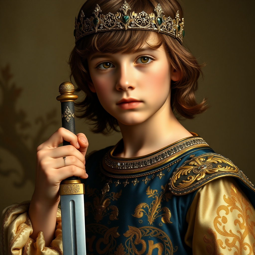 16yo teen boy prince holds his small sword in his right hand by the hilt, long bob cut, embroidered with gold and diamonds medieval cloths, diamond diadem, and Beautiful War, natural Skin Texture, visualization of embossed Skin using the play of light and shadow. Free style by 50% Adolphe William Bouguereau and 15% Sandro Botticelli and 35% Otto Lomüller, The background is in the style of landscape style by Antonio del Polaiolo. Studio lighting, professional lighting. Generating the signature at the bottom: FluxBach. ultra high resolution, 16K,