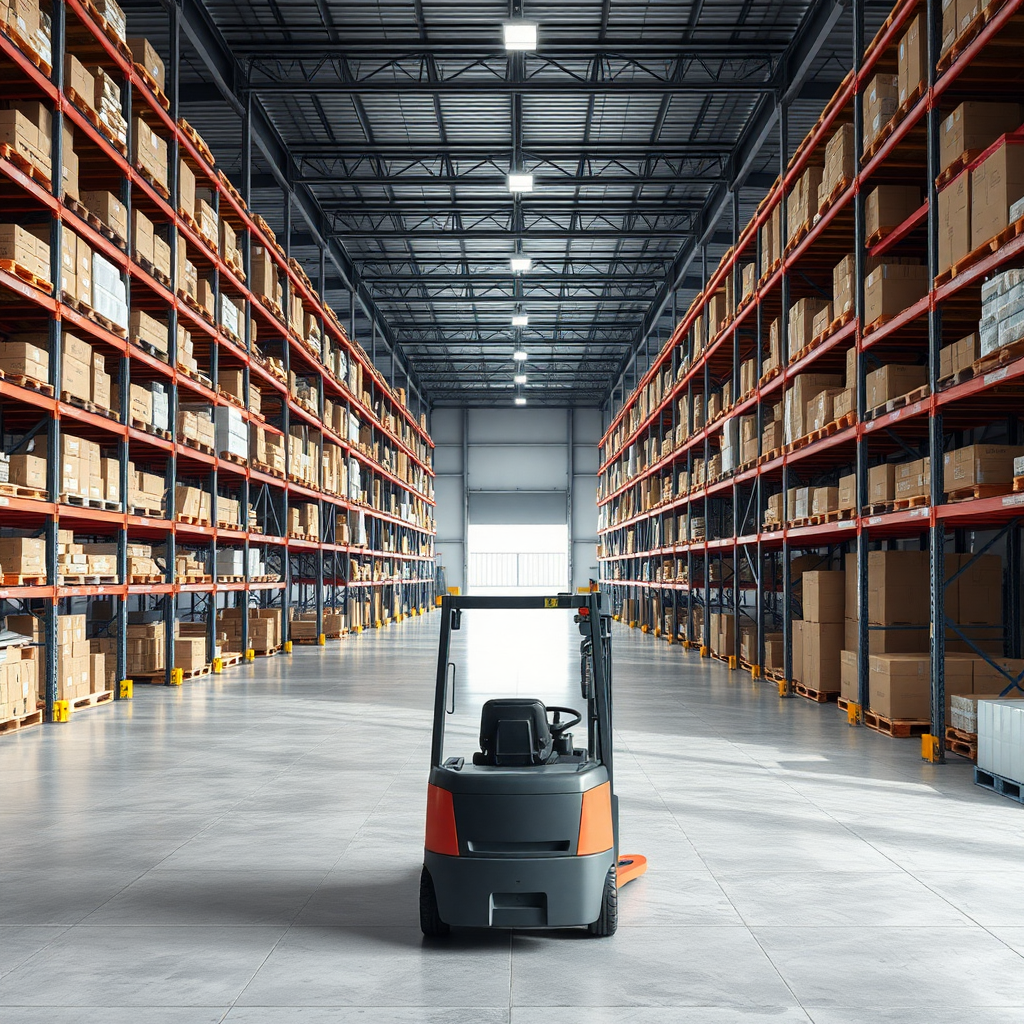 Create a high-resolution photo of a modern warehouse interior. The scene should include tall shelves filled with various boxes and products, a spacious layout with clear concrete pathways, and bright overhead lighting. Include a forklift without an operator and a partially open gate in the distance. The overall atmosphere should convey efficiency and organization, with a clean and professional look. No text, no humans.