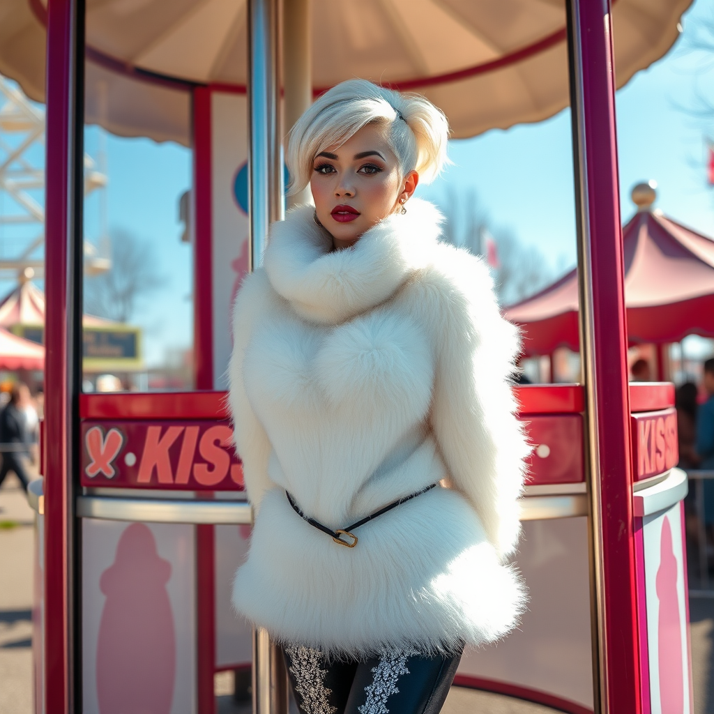 Amusement park “kissing booth”, sunny spring Sunday morning. Sam, 19 years old beautiful involuntary femboy, rebellious intractable character, petite boyish figure, platinum blond boyish rebel punk hairstyle, flawless heavily made-up face with sharp arched tattooed eyebrows, wearing Supertanya-style fluffy very fuzzy bright white angora thigh-length turtleneck-poncho fully covering body and arms, silver-glitter leggings, black leather high-heeled pumps, silver earrings, both hands tied to pole behind back, standing inside kissing booth, waiting for next customer to kiss. Focus on Sam’s face and turtleneck-poncho.