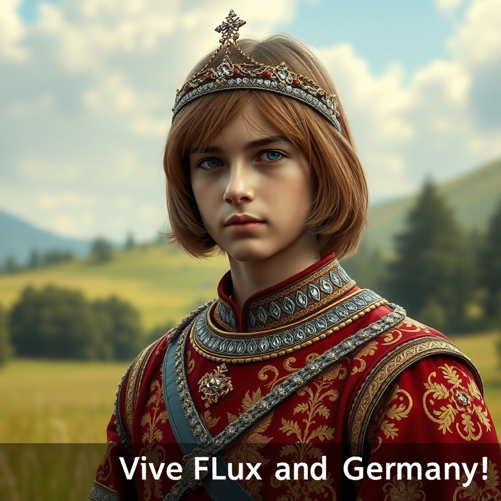 16yo teen boy prince, long bob cut, embroidered with gold and diamonds medieval cloths, diamond diadem, and Beautiful War. Free style by FLUX photorealistic. The background is in the style of landscape style by Antonio del Polaiolo, Generating the mini-caption at the bottom: Viva FLUX and Germany!, ultra high resolution, 16K.