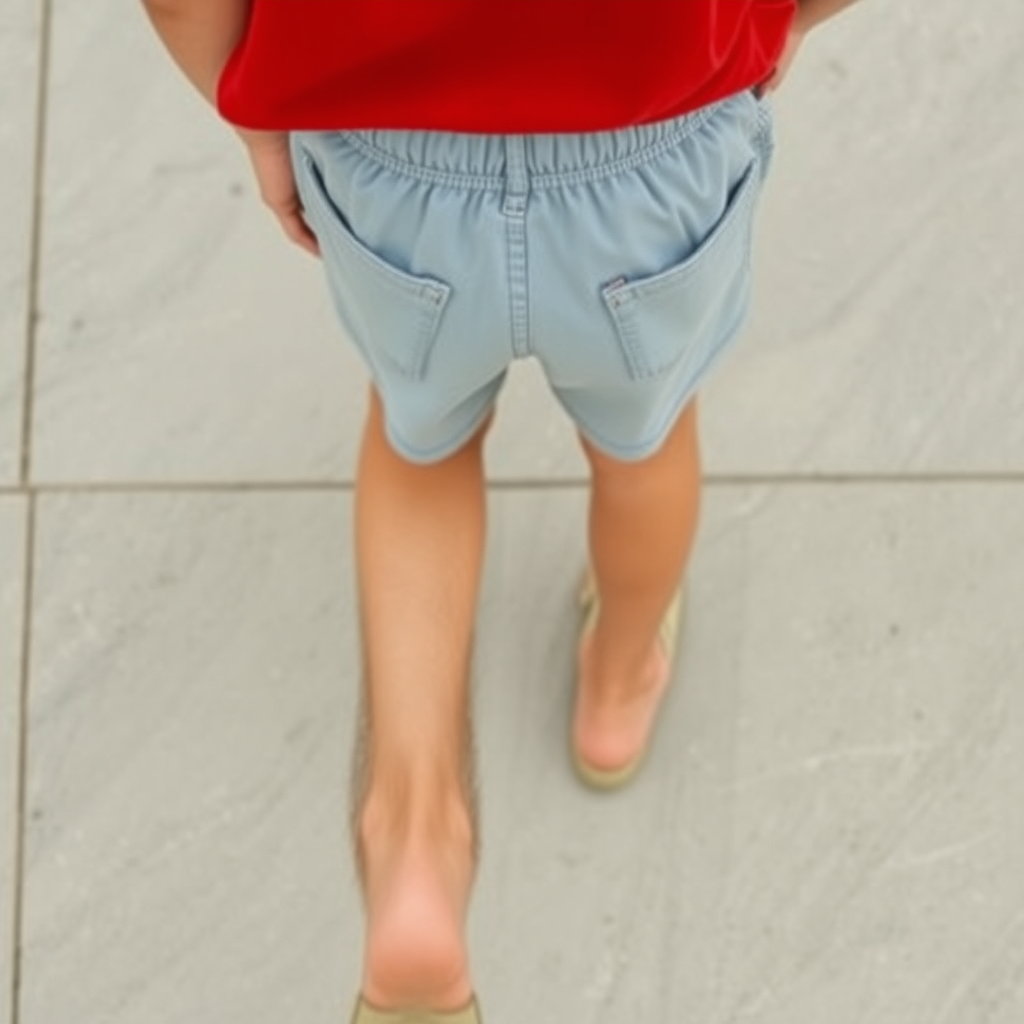 first person view from above, short shorts, boyish bare long slender legs, walking,