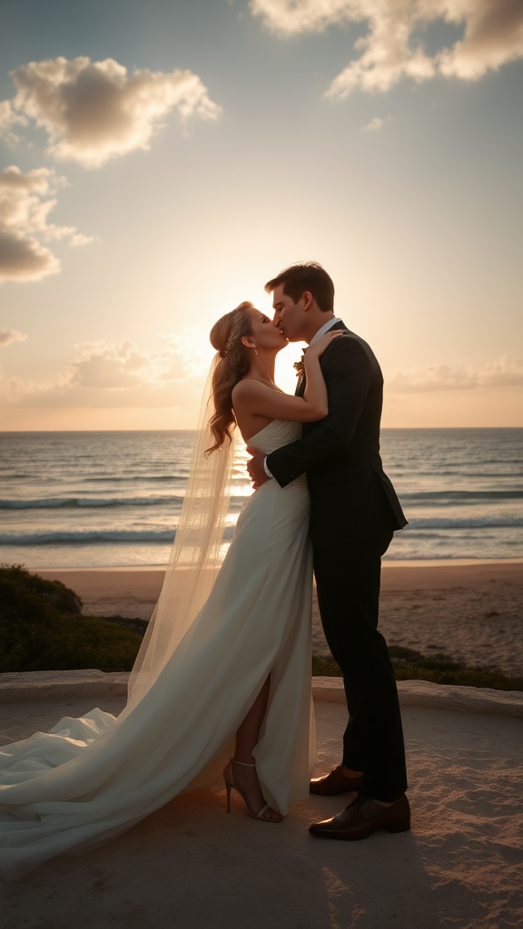 In the background, Nicole Kidman and Tom Cruise dressed elegantly, she in high-heeled shoes and he in patent leather shoes, he passionately kisses the bride, with the sea and a beautiful beach in the background, sky at sunset with sun rays and clouds.