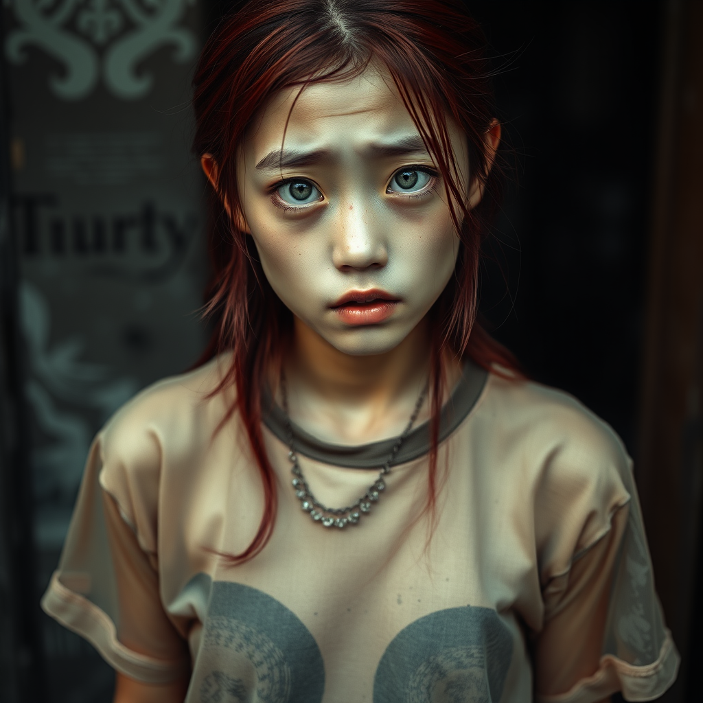 A homeless and sad and mystery and surreal Asian girl in a very old, transparent T-shirt, with red hair and green eyes is looking without hope in her eyes and a little bit crying.