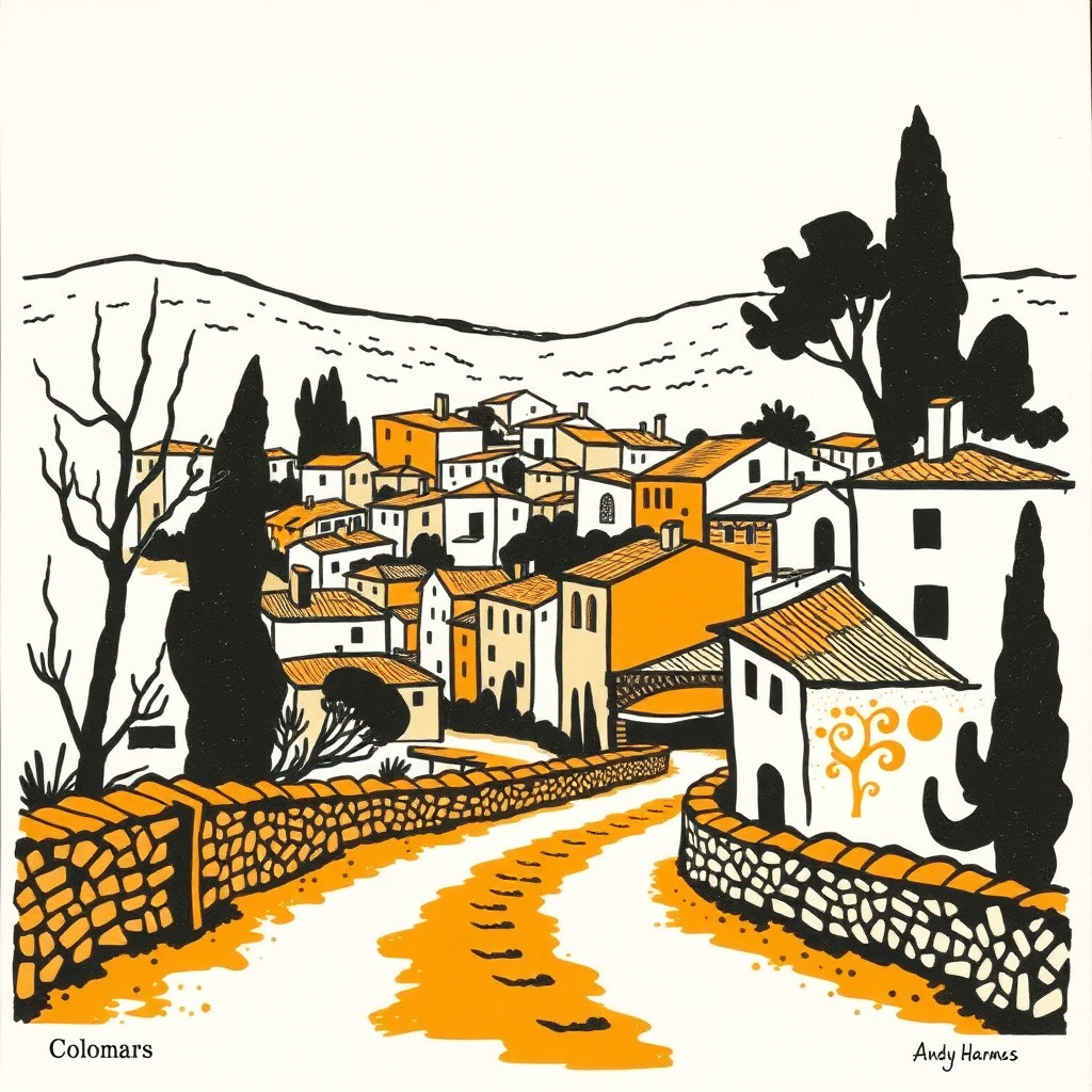 minimalist lithography Provence village of Colomars ochre  
Keith Haring  
Andy Warhol  
Picasso