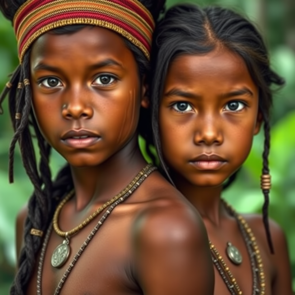 A realistic photo of a 12-year-old boy and a curuminha girl. Indigenous people of the Brazilian rainforest.