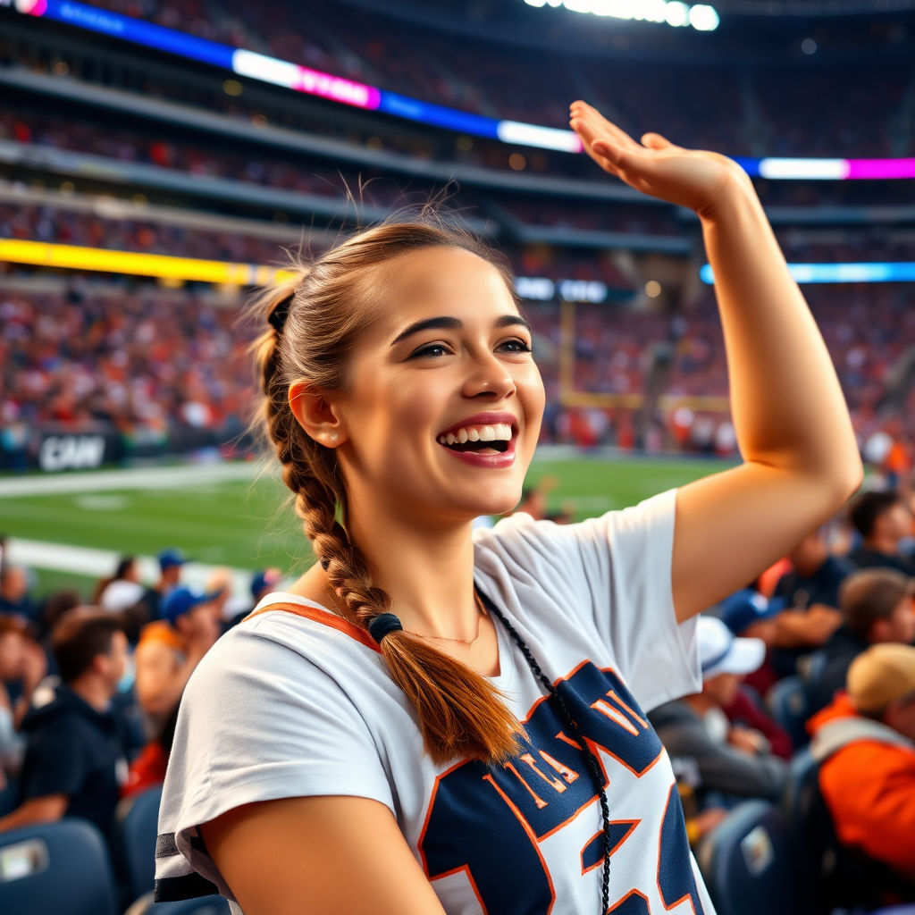 Attractive female NFL fan, pigtail hair, cheering wildly, inside crowded bleachers, NFL stadium