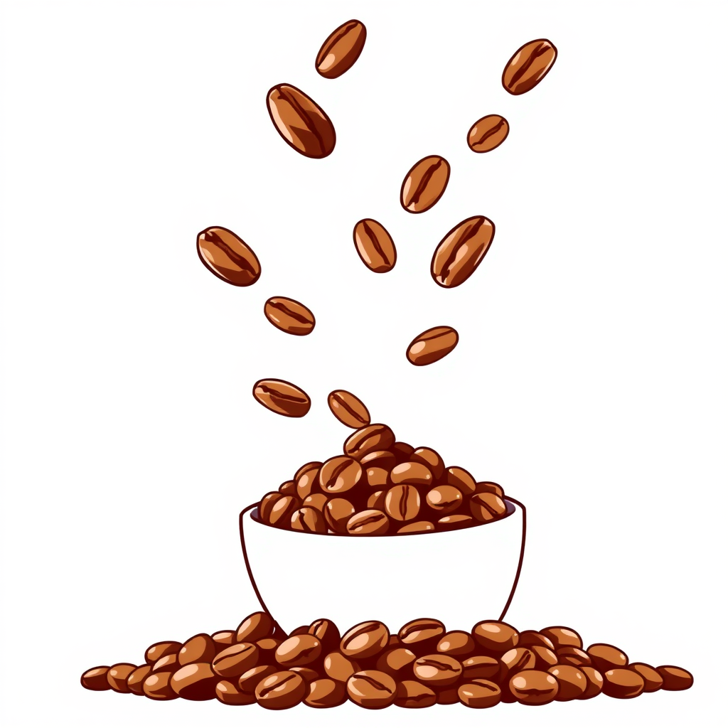 Draw it in realistic form, like an advertisement photo. Draw a delicious image of coffee beans. Draw coffee beans falling from above and coffee beans piled up below.