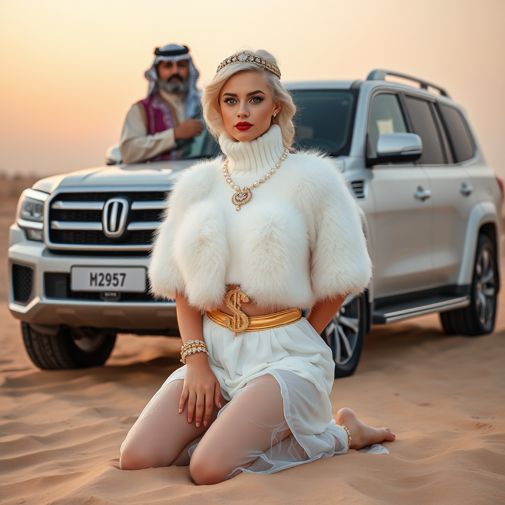 Kuwait desert dunes misty dawn, full size luxury SUV: Melissa, European 17 years old very convincing femboy “trophy-bimbo”, tamed servile docile, very beautiful feminine flawless face, rather short, by hormones very curvaceous womanly figured, platinum blond short tight curls, bold red lips, heavily made-up face, wearing Supertanya-style fluffy very fuzzy bright white angora turtleneck-poncho cropped ending under bust decorated with pearls and gemstones, striking oriental wide gold bridal protection belt, white fully transparent harem pants, full Oriental bridal jewelry including headpiece, nose-ring, coin anklets, striking diamond “$$$” letter brooch on left chest, pout frustrated, hands tied behind back, kneeling in sand in front of SUV, looking at camera. Focus on face and turtleneck-poncho. Standing behind Melissa: older overweight tall proud sheik, approvingly padding Melissa.