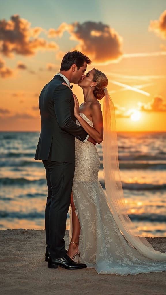 In the background, Nicole Kidman and Tom Cruise elegantly dressed, she heels and he patent leather shoes, he passionately kisses the bride, in the background the sea with a beautiful beach, sunset sky with the sun's rays with clouds. 16K ultra-high definition