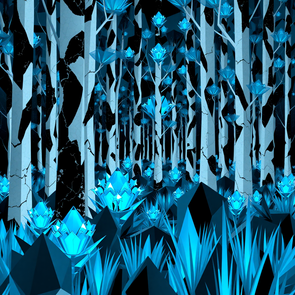 A surreal, abstract forest composed entirely of geometric shapes. The trees are formed from tall, angular columns of black and white marble, their trunks and branches segmented into sharp, precise patterns. The leaves are represented by translucent blue crystalline polygons, radiating a soft glow. The ground is covered with geometric shrubs, made of sharp-edged, interlocking black and white shapes, while delicate blue crystal flowers bloom as intricate, faceted shapes. The grass is made of sleek, thin crystalline shards, standing upright like elongated triangles. The entire scene feels otherworldly, with a minimalist, clean aesthetic of geometric forms interacting harmoniously in a silent, serene atmosphere.