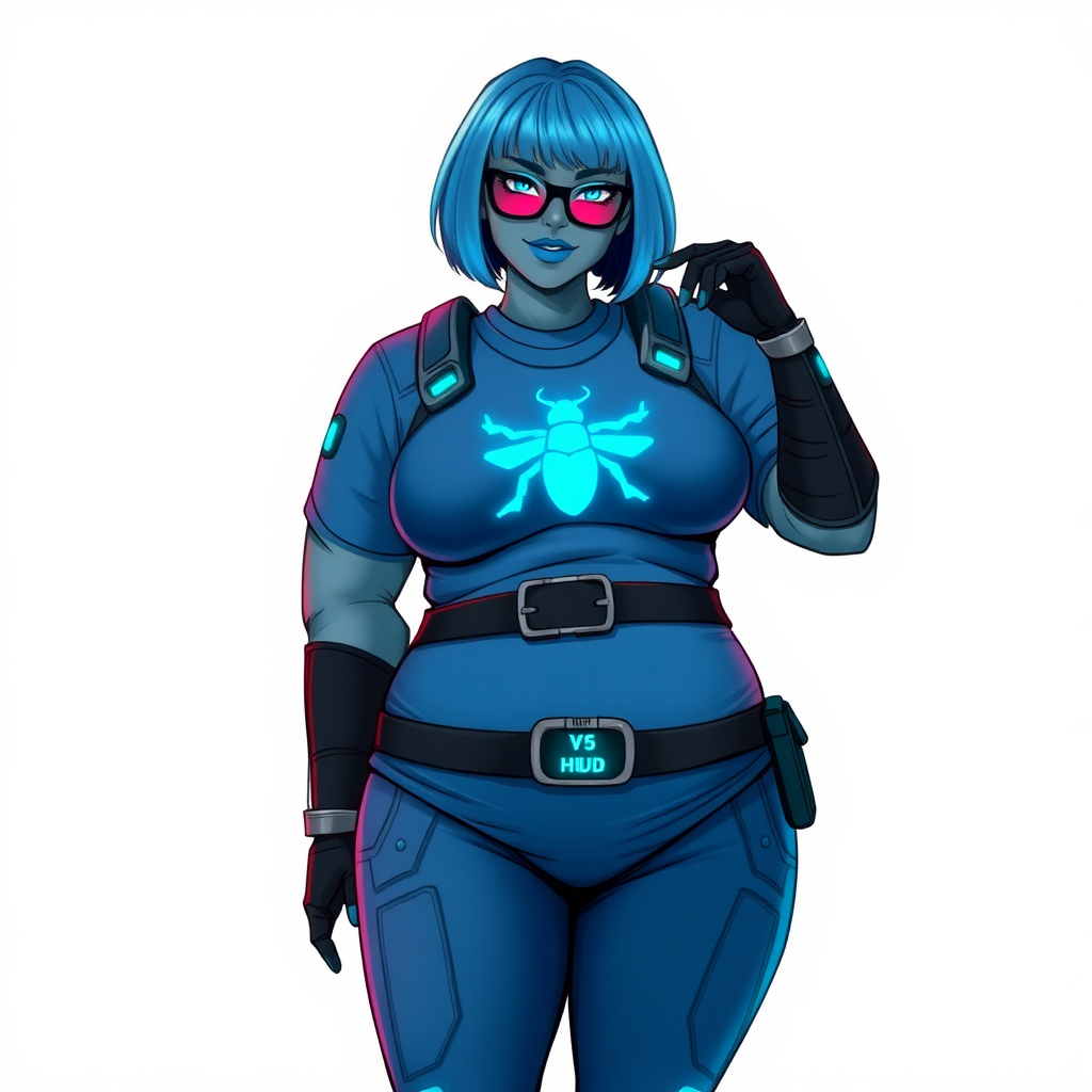 A 28-year-old, full-figured, Maximum turquoise skinned, computer program hybrid with a maximum blue bob cut. She has a non-athletic, full-figured build, highlighted by a prominent, round, large midsection (with heavy emphasis on her large belly). As the full-figured, nerdy, digital sidekick to her cyberpunk vigilante boyfriend, her metallic middle gray (N5) skin and maximum blue lipstick emphasize her digital nature. She wears a digital, computerized costume inspired by DC’s Carrie Kelly Robin, consisting of a huge, tight-fitting, maximum blue t-shirt with a neon blue glowing beetle chest icon, hi-tech shoulder pads with neon blue glowing accents, a black hi-tech belt with a digital neon blue glowing buckle, digital maximum blue pants with neon blue accents, and black hi-tech gloves with neon blue glowing accents. Her bright blue eyes, black eyeglasses with neon blue glowing lenses with a built-in HUD, and shy smile with neon red blush accentuate her nerdiness. She stands bashfully with one hand behind her back and the other hand gently touching her cheek, her costume covering all her skin and emphasizing her full-figured physique (especially her belly). She is clearly non-athletic, with a heavy focus on her large belly. Despite her build, she radiates beauty. She has a slim face compared to her physique, accentuating her radiant beauty. She is on a solid white background. She is drawn as if she were in a retro 2D cyberpunk fighting game.