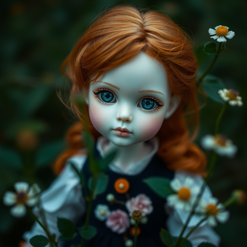 ooak art doll in nature, looking at camera, shy flirting, bisque doll, artist doll, realistic doll, life-like porcelain doll, handmade, one of a kind, focus stacking, abstract, minimalist art, in focus, hyperfocal, bisque porcelain, Victorian dress, floral, symmetric, sacred geometry, original, unique personality, dynamic, cinematic scene, centered, zoom shot, dept of field, low key lighting, preteen ginger girl, balanced colors, Alice in wonderland, shrooms