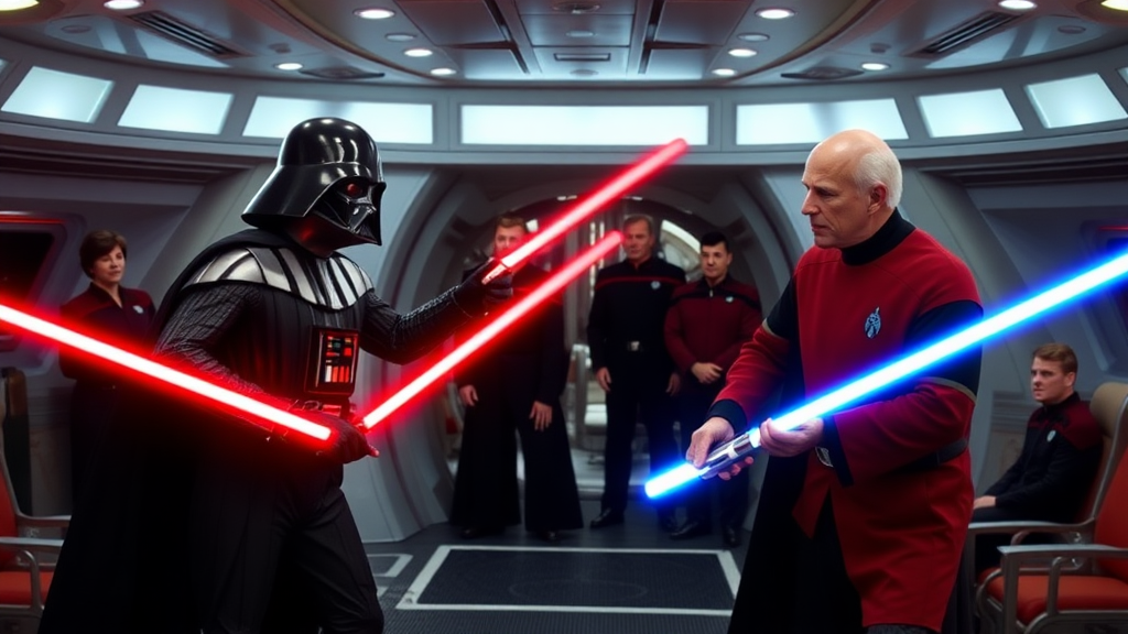 Setting, aboard the star ship Enterprise bridge. Darth Vader is holding a red light saber and Patrick Stewart as Captain Picard is holding a blue light saber. Darth Vader and Patrick Stewart are having a light saber fight while the crew of the Enterprise is watching.