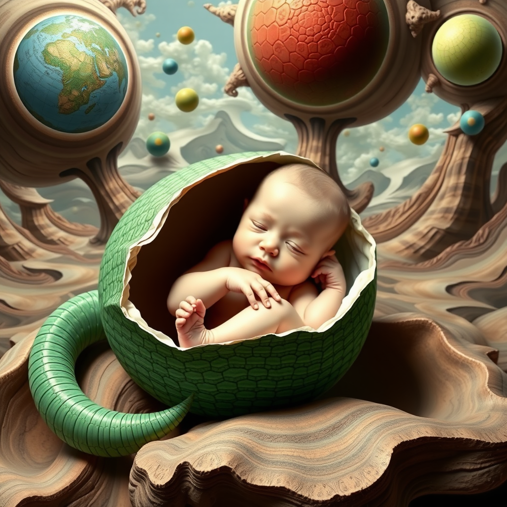 Create a mix picture in "Maxfield Escher" and Salvador Dali style, featuring a fresh newborn human baby hatching from what looks like a green reptile egg.