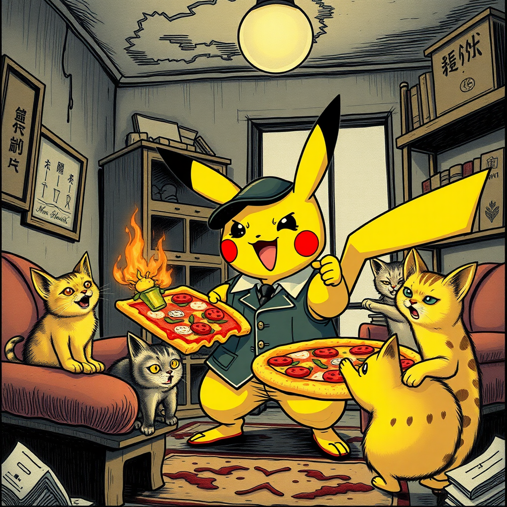 A well dressed handsome Pikachu demon delivering Hawaiian pizza to angry kittens in a decayed apartment, Chinese woodcut, Mormon, Catholic