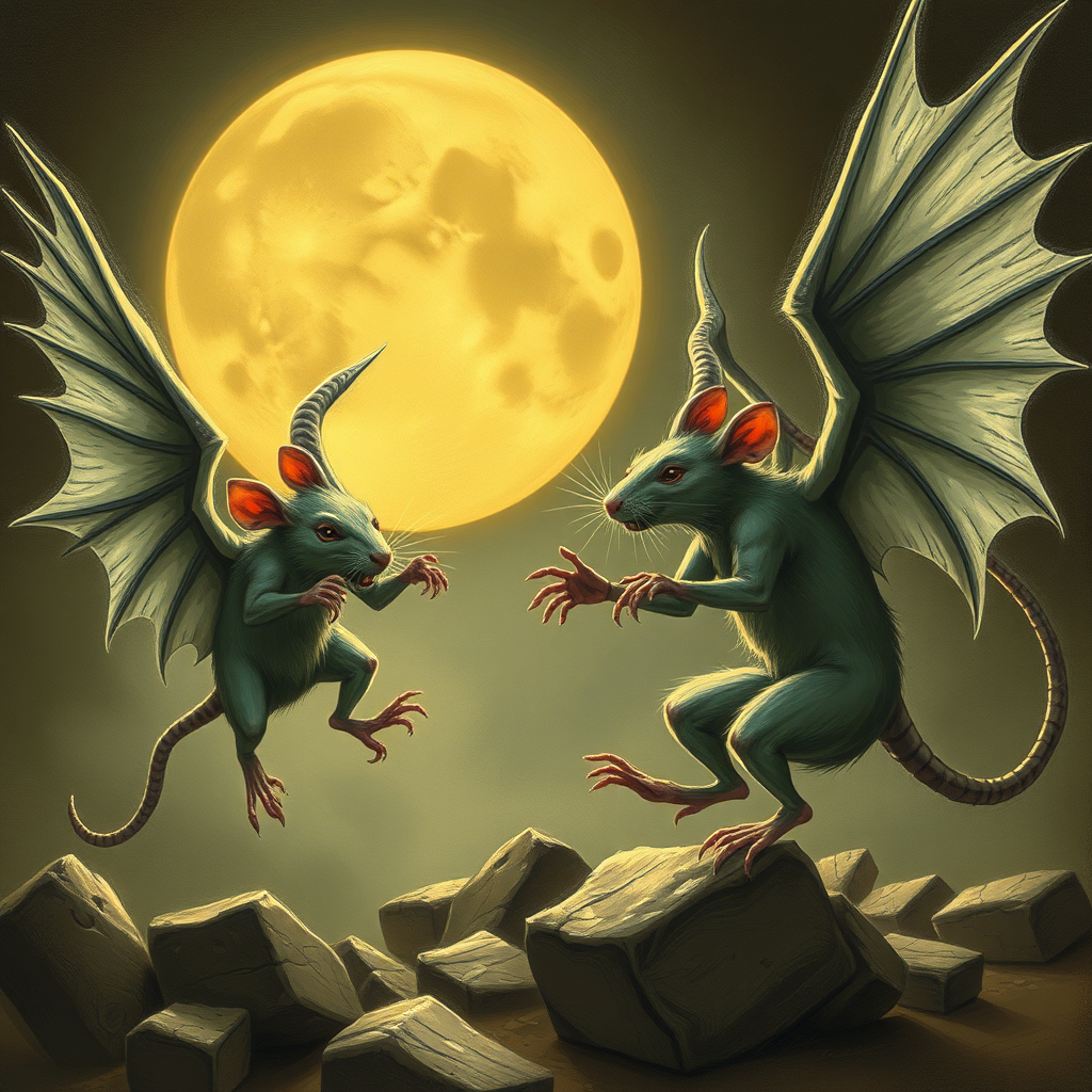 Demon rats fighting rat angels,