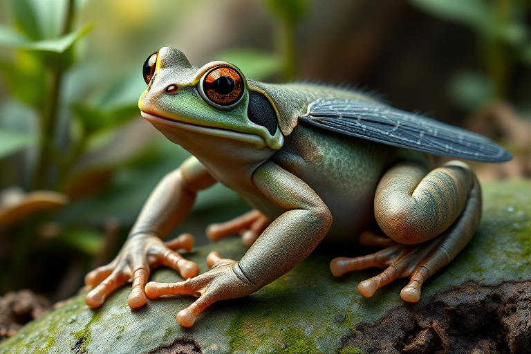 Create a full-length photorealistic image of a frog modeled after the framework and silhouette of a horsefly, ensuring the frog's head remains intact complete with distinct facial features. Retain the frog's smooth skin texture alongside soft, fur-like details representing the horsefly's characteristics. For the background, blend elements from both the frog's natural habitat and the horsefly's environment, incorporating lush greenery and vibrant colors to evoke the essence of each creature. The scene should harmonize these diverse attributes, showcasing a unique fusion of the two animals.