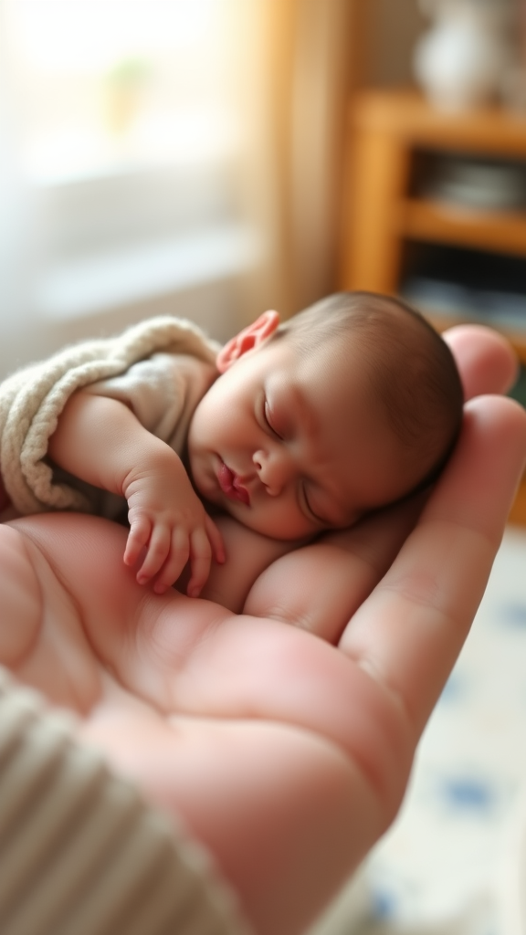 A cute mini little tiny miniature baby sleeping on hand