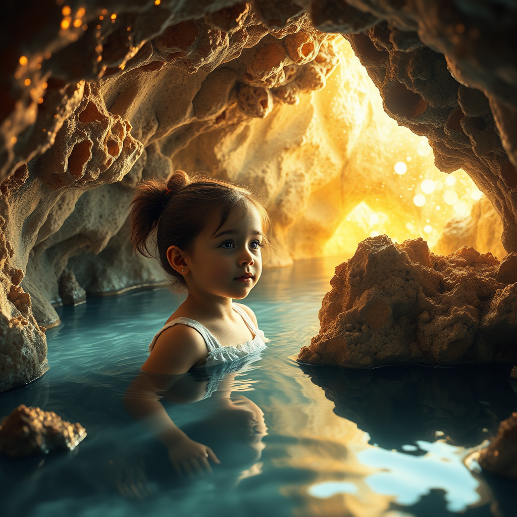 a young girl in a flooded cave, bjd, high quality photo, intricate environment, ultra-detailed, impressionistic, dynamic composition, artistic photograph, geode, alabaster, gold, fractal, intense colors, glittering, sunlight, illumination, transparency, mandelbulb