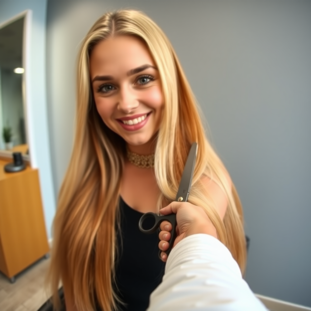 POV, beautiful very long haired blonde woman sitting in a hair salon smiling at the camera while I reach out from behind the camera to trim her very long hair. Plain gray background.