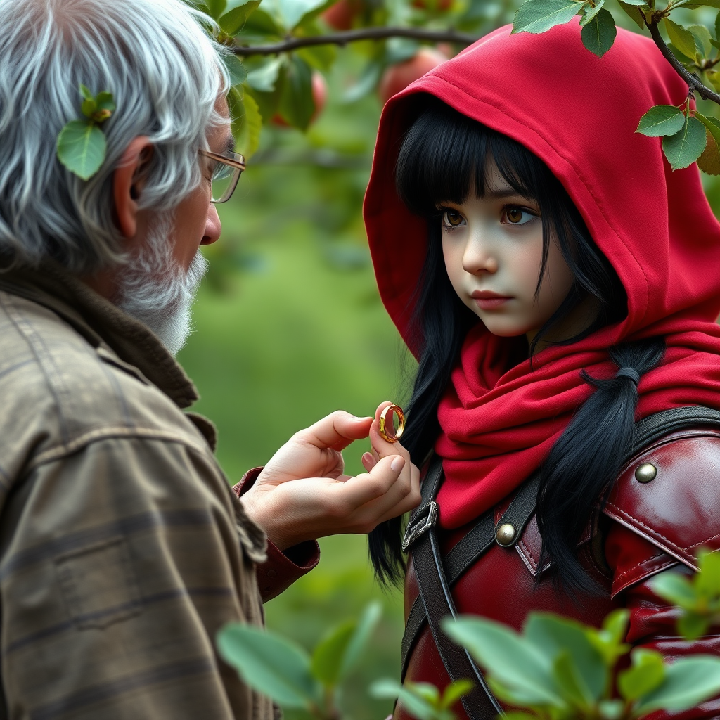 A photo realistic girl with black hair and brown eyes in red leather armor and a red hood showing a small golden ring to an old man in dirty work clothes while standing in an apple tree orchard.