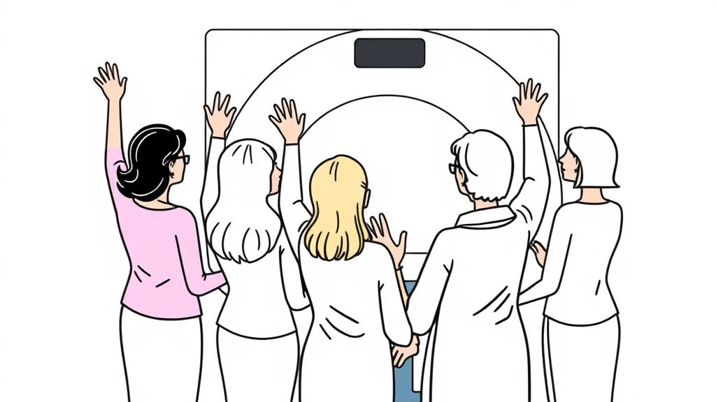 Create an image with 10 women in ages 40 to 70 years old raising one hand because they want the only spot that is available at the clinic to perform MRI, the woman doctor is stressed about deciding who will get the spot. The style is a drawing with only black ink as stickmans. The background should be transparent, not white.