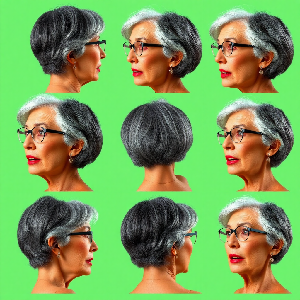 Photorealistic image of six headshots of a 50 Years old, fit, European, Latina, sharp aquiline nose, wrinkles, high cheekbones, Middle Eastern, Skinny, Tanned skin, Dark light skin, full Makeup, jewelry, Sharp nose, exaggerated expression, surprised, overwhelmed, delighted, mouth open, dark grey Ash hair, short bowl haircut, Brown eye color, Glasses, with detailed features. Each photo displays the same face in back, profile and front view, cut out and isolated on a green background. All six heads are visible side by side, empty space around each view, no overlapping.