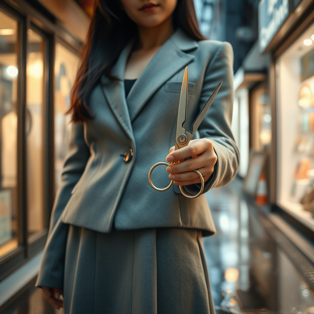 Camera focuses on the lower portion of a young Japanese businesswoman who wears a grey blazer and grey skirt. In her right hand she holds a pair of scissors. The scissors gleam from the lights of the shops in the surrounding alleyway. The lights of the shops are reflected in the rain puddles of the alleyway.