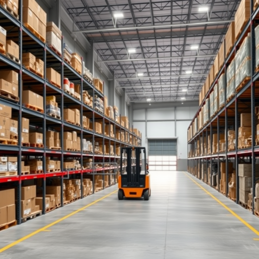 Create a high-resolution photo of a modern warehouse interior. The scene should include tall shelves filled with various boxes and products, a spacious layout with concrete pathways, and bright overhead lighting. Include a forklift without an operator and a partially open gate in the distance. The overall atmosphere should convey efficiency and organization, with a clean and professional look.