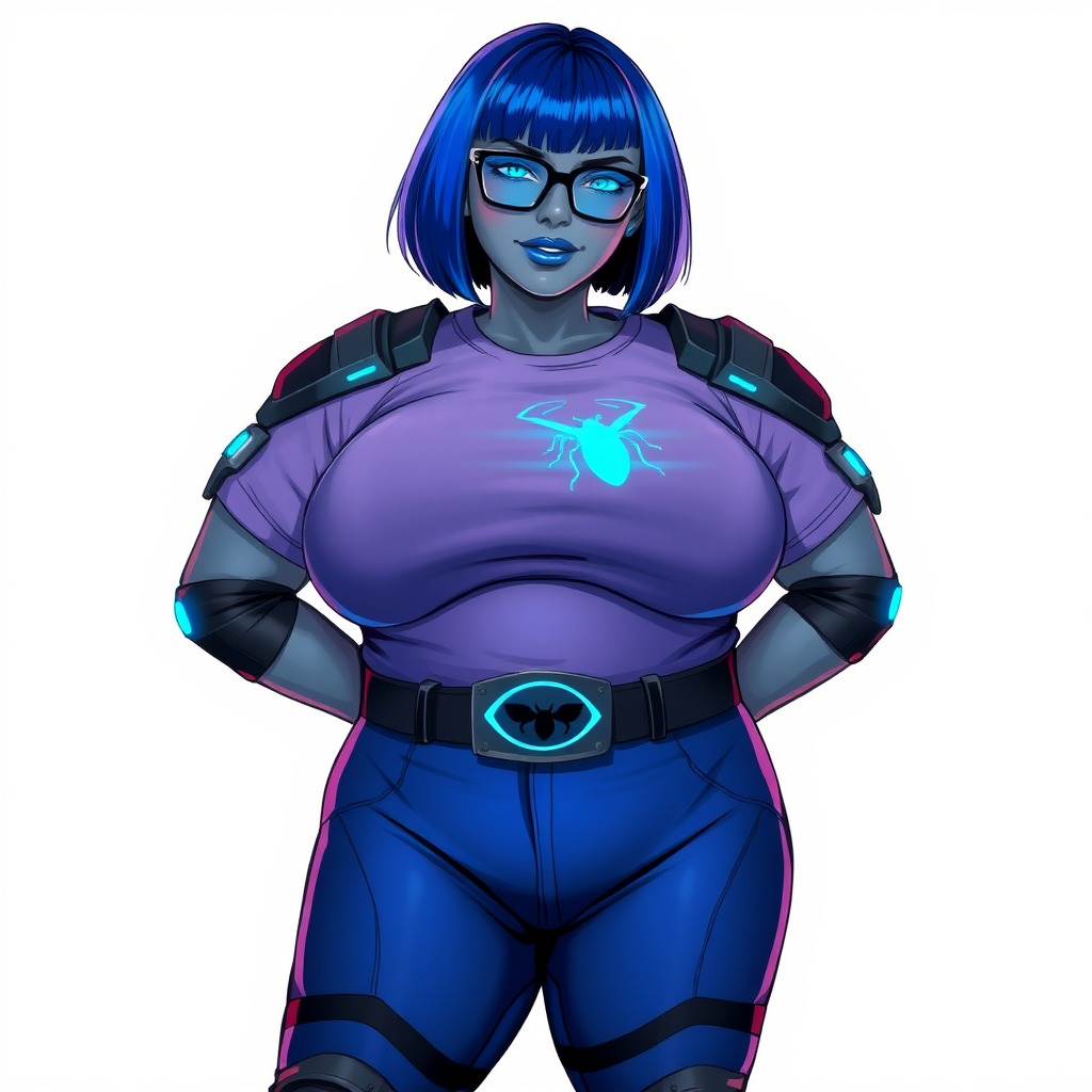 A 28-year-old, full-figured, middle gray-skinned computer program hybrid with a striking maximum blue bob cut. She has a non-athletic build, highlighted by a prominent, round, gigantic midsection (with heavy emphasis on her belly) that showcases the results of her pampering. As the cherished digital sidekick to her cyberpunk vigilante boyfriend, her middle gray metallic skin and maximum blue lipstick emphasize her digital essence. She dons a digital, computerized costume featuring a large, tight-fitting, maximum blue t-shirt with a neon blue glowing beetle icon on the chest, hi-tech shoulder pads with neon blue accents, a black hi-tech belt with a digital neon blue glowing beetle buckle, and digital maximum blue biker pants with neon blue accents. Her look is completed with black hi-tech fingerless biker gloves with neon blue glowing accents. Her neon blue glowing eyes, black eyeglasses with a neon blue glowing HUD built into the lenses, and a shy smile with neon red blush highlight her nerdy charm. She stands bashfully with her hands behind her back, her costume covering all her skin and emphasizing her full-figured physique, especially her belly. Despite her non-athletic build, she radiates beauty. Her slim face contrasts with her physique, accentuating her radiant beauty. She is depicted on a solid white background. She is drawn as if she were in a retro 2D cyberpunk fighting game.