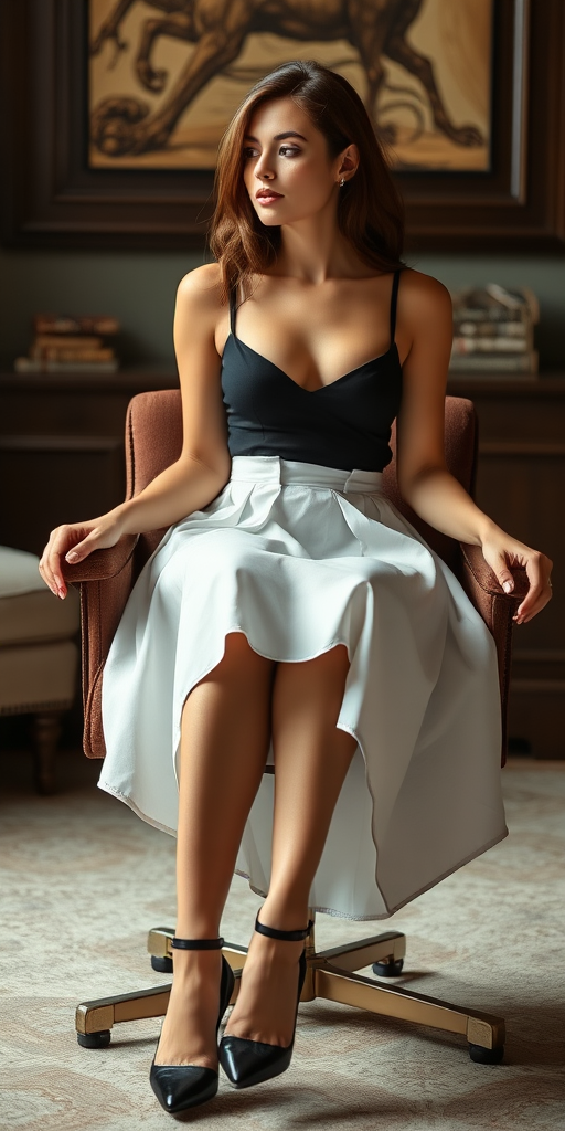 a woman who wears upskirt sit in the chair