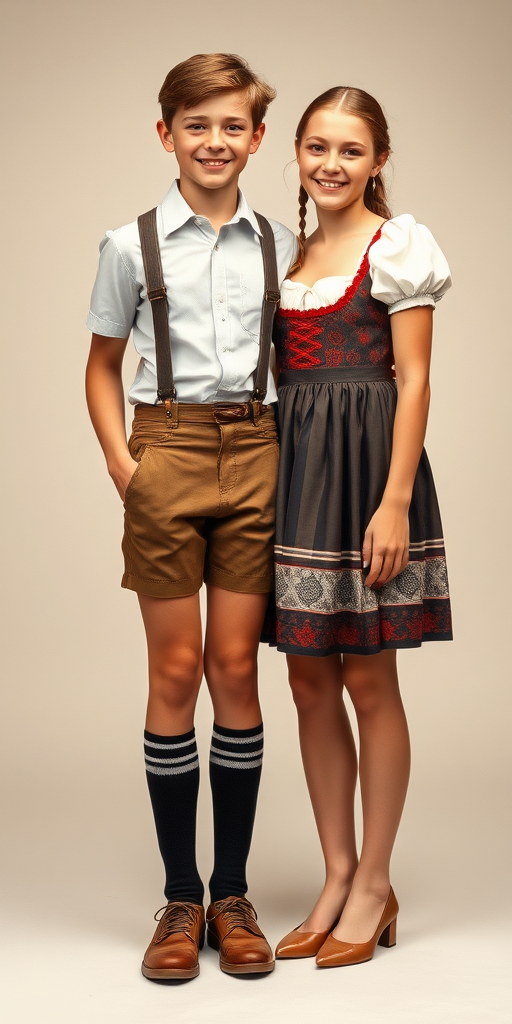 A 11yo teen boy, wearing shirt, very tight booty short lederhosen, tube socks, shoes, long legs, narrow thighs. With a girl wearing traditional long dress. full-length view. studio background. Family photo. 1980s. photorealistic, ultra high resolution, 16K, Negative: grainy, blurry, bad anatomy, extra limbs, watermark.