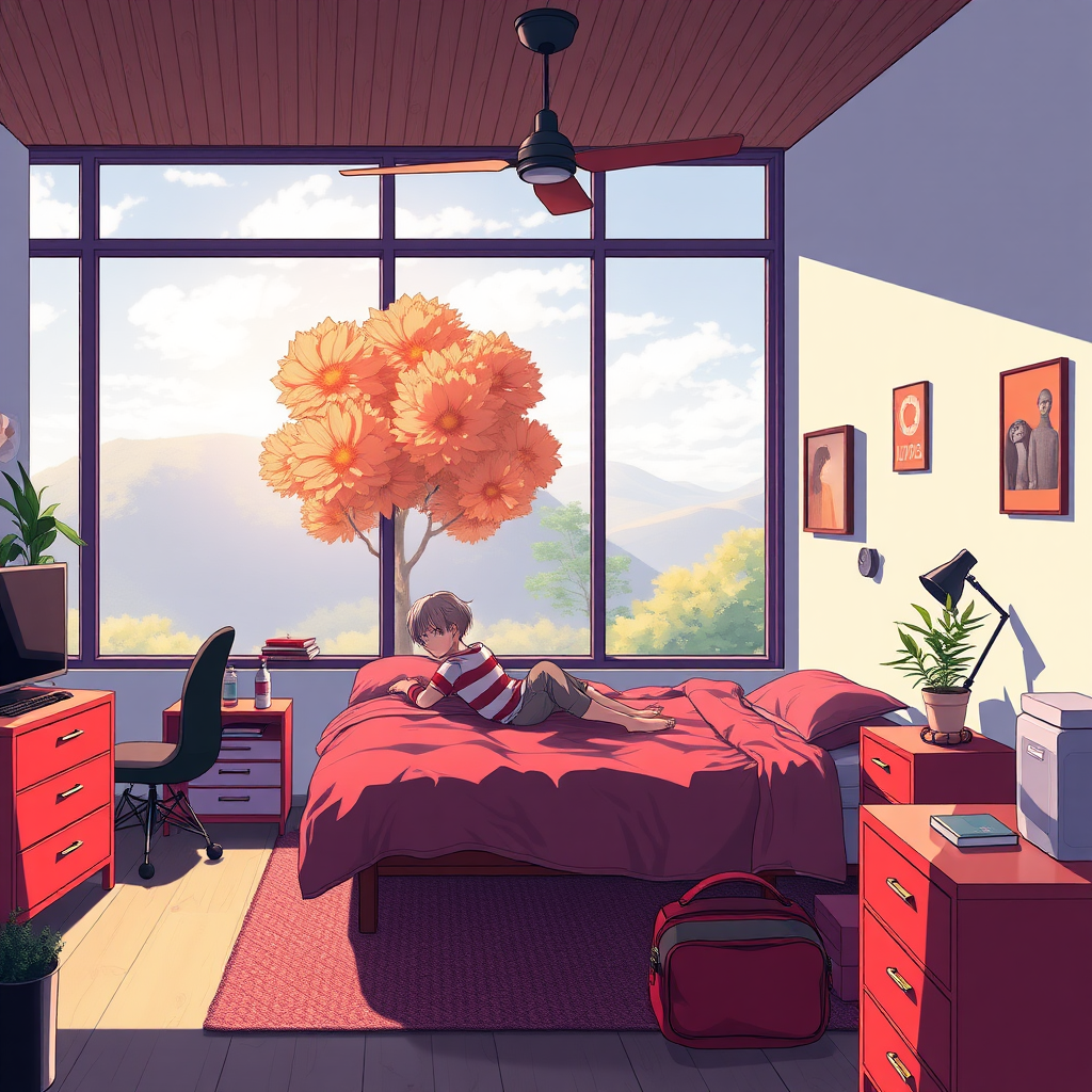 bedroom with red and black furniture, suburban, teen boy, anime, afternoon