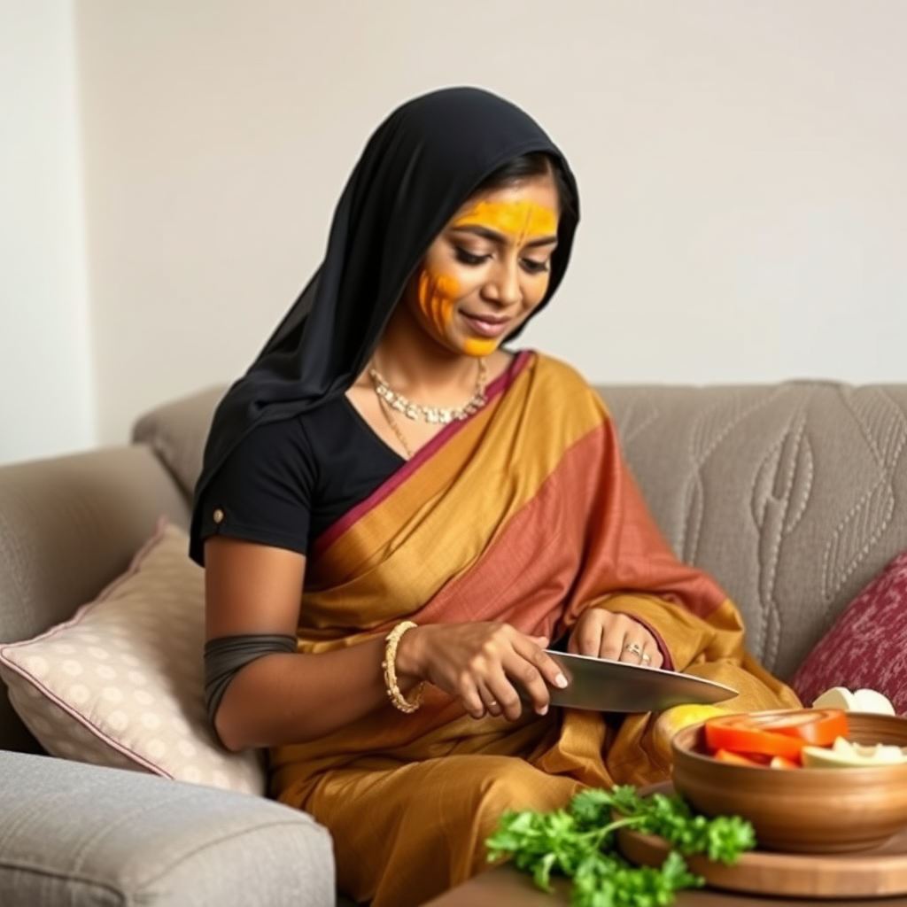 slim, 30 year old, modern indian wife with saree and hijab, turmeric paste on her face. she is sitting on a sofa and cutting vegetables