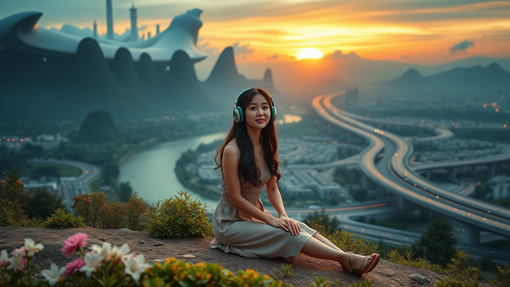 pretty Asian woman with long hair in pretty short dress, sitting on the ground with headphones, on an alien planet with alien city in the background, nice greenery, flowers, rivers, and nice sunrise clouds, highways and streets, ultra-realistic view and ultra-high cinematic detail