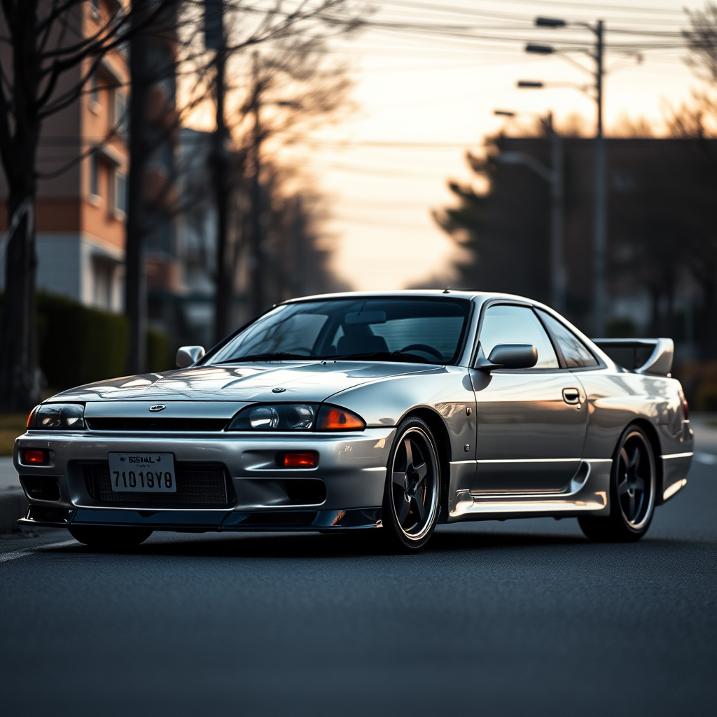 metallic shine nissan silvia s14 the car is parked on the side of the road, inspired by Taiyō Matsumoto, tumblr, restomod, nd4, c4 cold colors