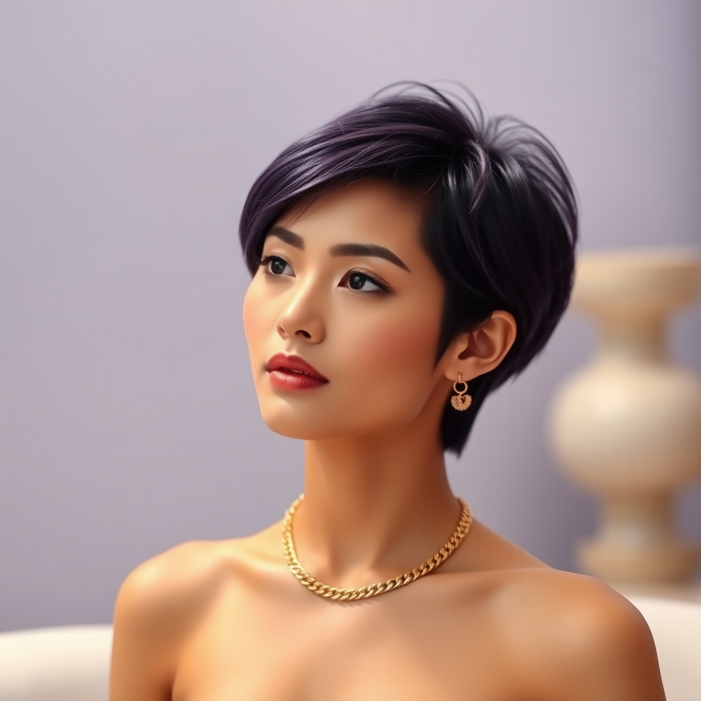 A absolutely sexy rich Thai woman with violet short hair and a fine gold chain.