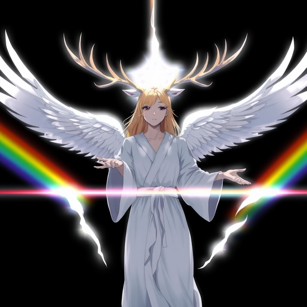 (Anime Style-art) Black background with rainbow-barrier broken, a female faceless, grey-skinned, golden haired woman covered in pure white light, 2 deer antlers, 2 angel wings, glowing-white robes, hands out, floating mid-air, looking at viewer