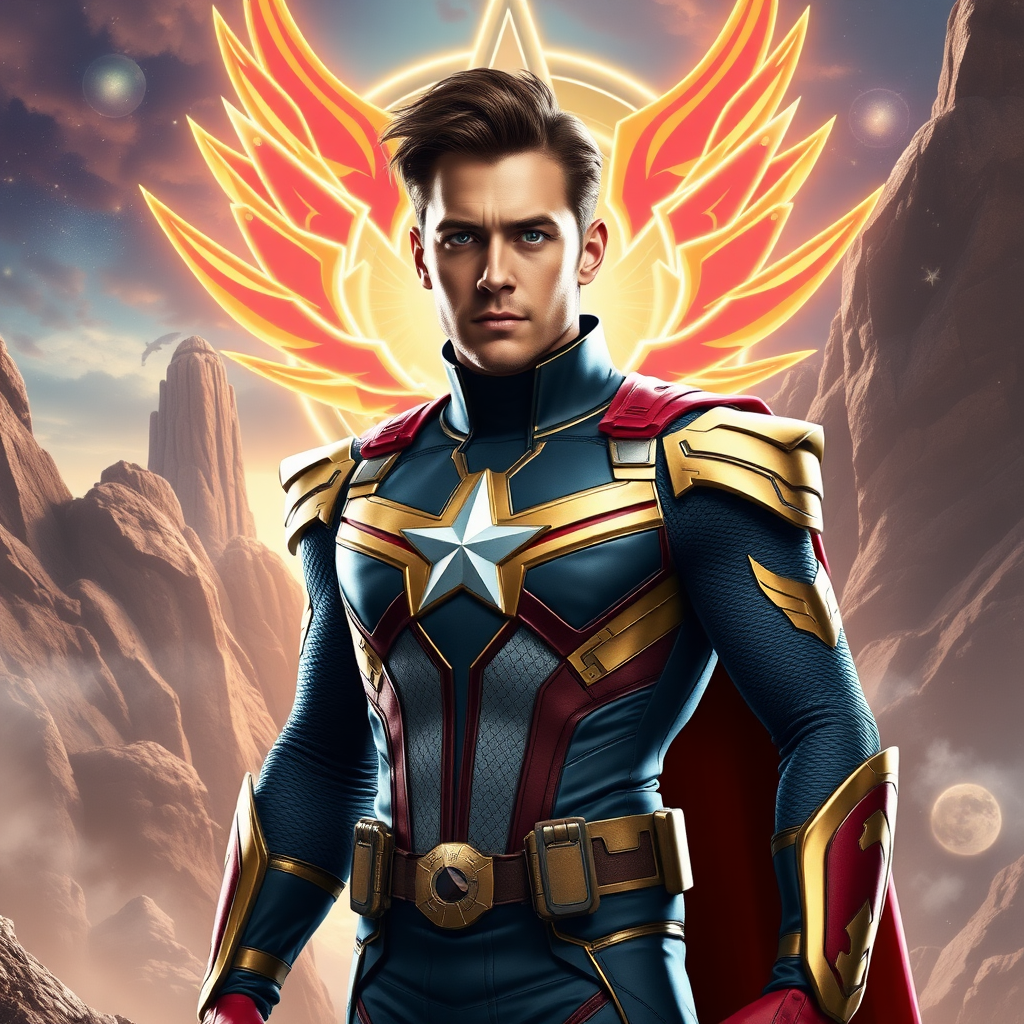 Create a full-length photorealistic render of Steve Rogers maintaining his head but using the female body structure and silhouette of She-Ra. Retain and modify his character costume to fit the new body. Design the background as a fusion of both Steve Rogers' and She-Ra’s worlds, combining elements that represent their unique environments to form a cohesive scene.