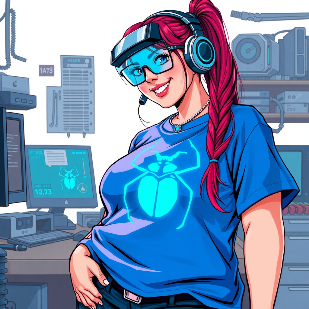 A cyberpunk vigilante’s full-figured intelligent and tech-savvy 29-year-old girlfriend, who is a computer hacker and tech genius. She has a long ruby red ponytail and bright blue eyes. She wears a sapphire beetle gemstone necklace, and an oversized maximum blue t-shirt featuring a giant neon blue glowing icon of a beetle on its chest. She has a full-figured physique with a prominently, gargantuan, well-rounded midsection, reflecting her well-cared-for lifestyle. The midsection is heavily emphasized. She sports a sapphire headset with hi-tech maximum turquoise lensed HUD visor, black eyeglasses, and a beaming smile with a passionate bright red blush. Despite her figure and a lack of self-esteem, she radiates an air of beauty. She has a slim face which contributes to her radiant beauty. She serves as his tech expert from his hideout, dutifully working at her workshop with a computer desk and tool bench. The background is solid white. She is drawn as if she was in a retro 2D cyberpunk fighting game. Ensure her shirt covers her midsection.