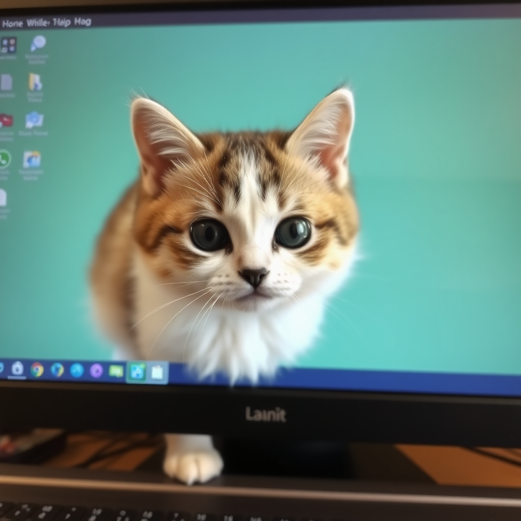 In the computer screen, there is a chubby little cat, so cute.