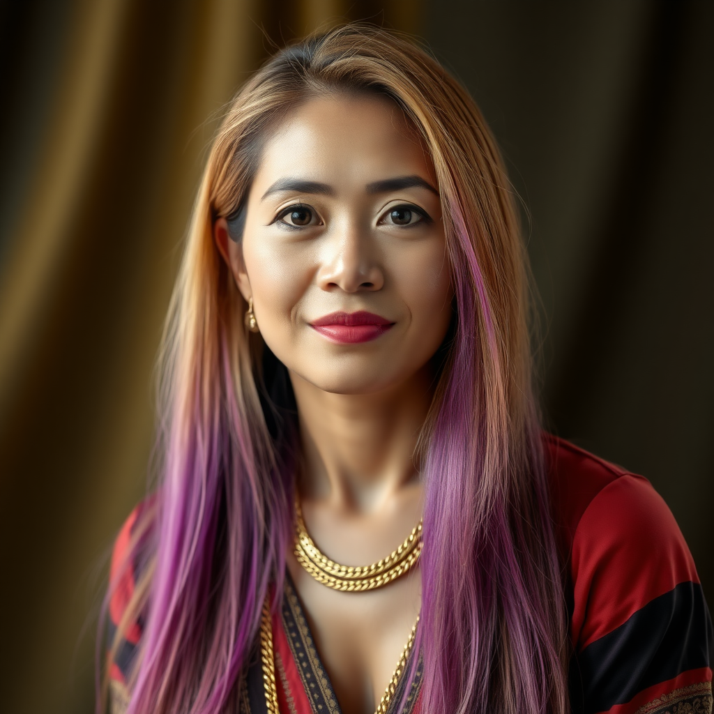 A 45 Year young North-East Thai Women with gold and violet colored long straight Hair and a fine Gold chain.