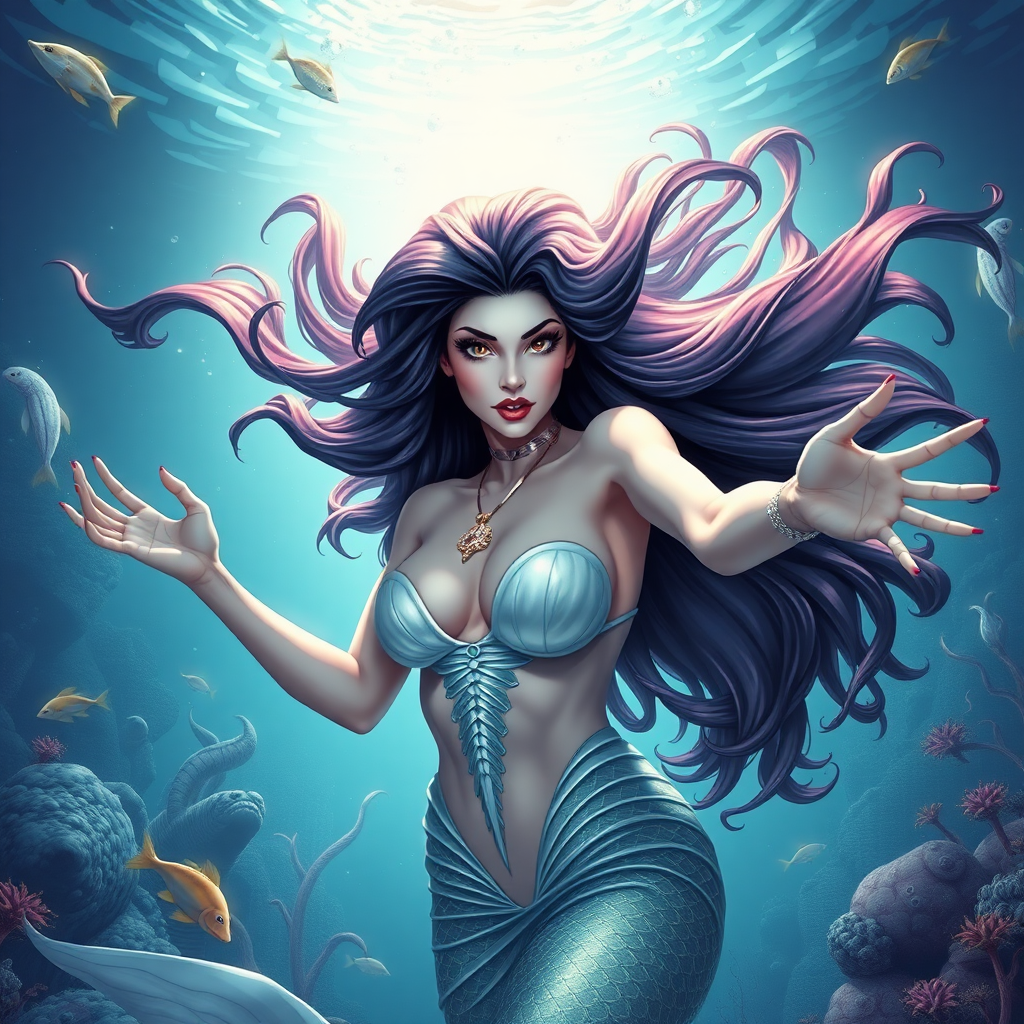 Vampirella as a mermaid underwater amazing loose flowing hair floating in a nimbus around her beautiful face her arms outstretched towards the viewer and she's looking down into the viewer's eyes making intense eye contact. loose fitting diaphanous. Burlesque. Stunning undersea life details plants and fish and other creatures of the sea. Powerful three dimensional graphic effects. Vector based 3d graphic design.