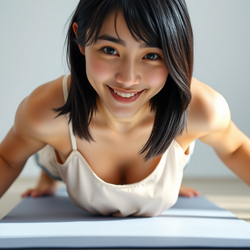 photorealistic upper body shot of a youthful 25-year-old Japanese woman, wearing a satin camisole, leaning forward on a yoga mat, playful cat-cow pose, soft sheen fabric, delicate straps, subtle light reflection, bright indoor lighting, natural makeup, shoulder-length black hair falling forward, cheerful expression, focus on torso and face, plain light background