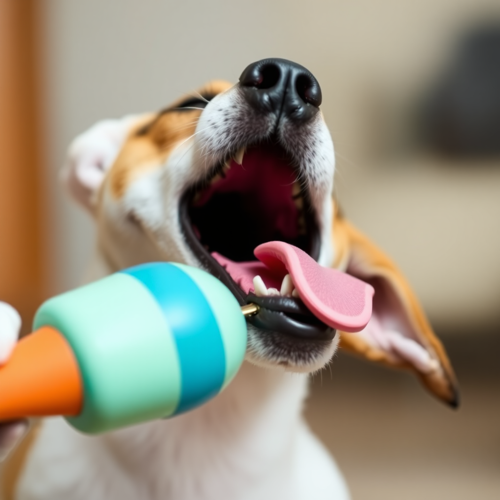 A dog biting a toy, close-up shot, side view of the head, stretching its neck, looking up. Open the mouth, opaque.