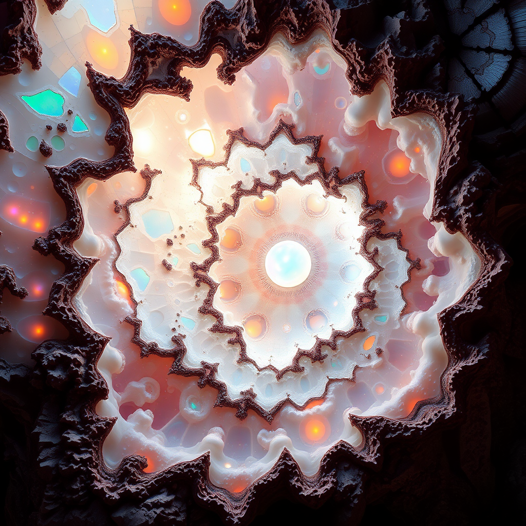 mandelbulb fractal landscape, ultra-detailed, dynamic composition, artistic photograph, geode, alabaster, fractal, brilliant colors, glittering, illumination, transparency, translucent, opal, romanticism, sacred geometry